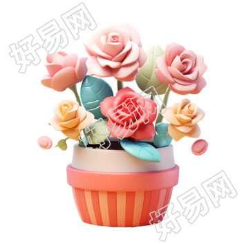 3D玫瑰花盆透明背景插画