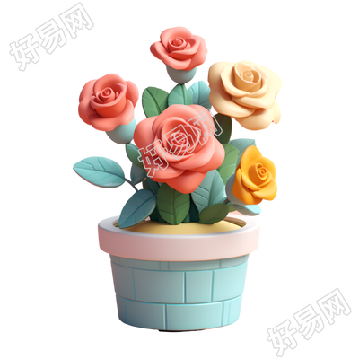3D玫瑰花盆插图