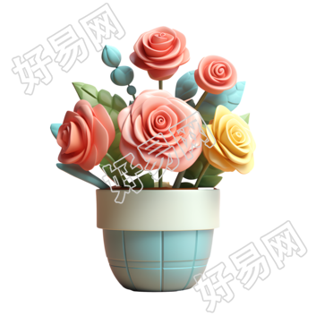 3D玫瑰花盆插画