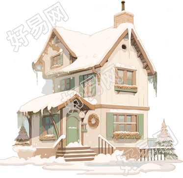 雪地小屋2D平面商业插画