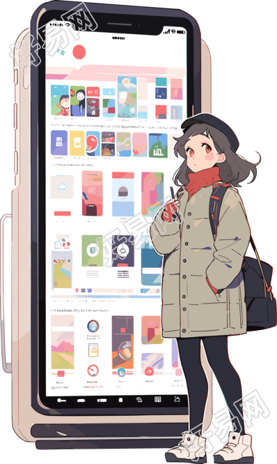手机购物女孩卡通插画设计