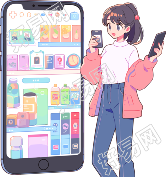 手机购物女孩彩色插画设计元素
