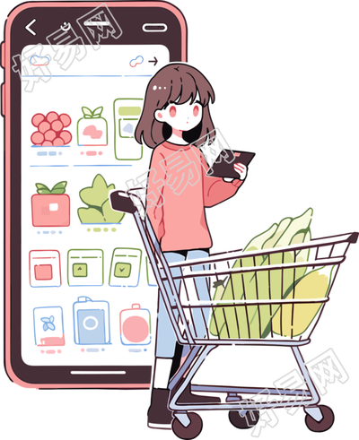 手机购物女孩高清PNG图形插画