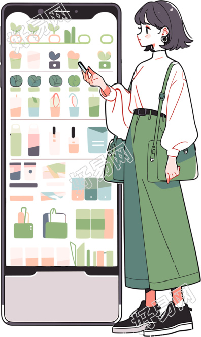 手机购物女孩彩色插图
