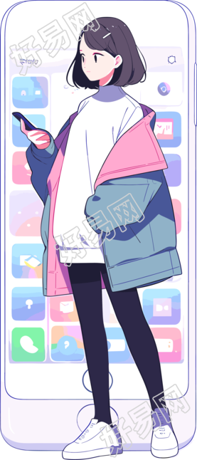 手机购物女孩高清插画设计素材PNG