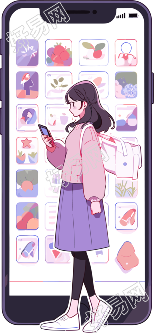 手机购物女孩简洁时尚矢量插画