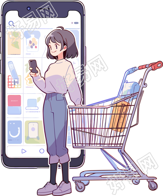 手机购物女孩白色矢量插画