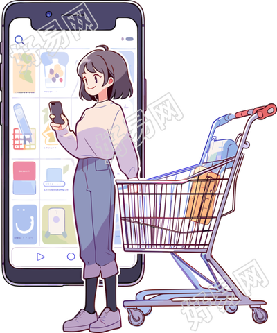手机购物女孩白色矢量插画