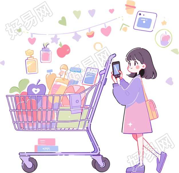 手机购物女孩PNG透明背景素材