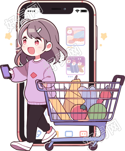 手机购物女孩PNG插画素材