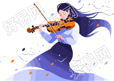 拉小提琴的女生彩色插画设计素材