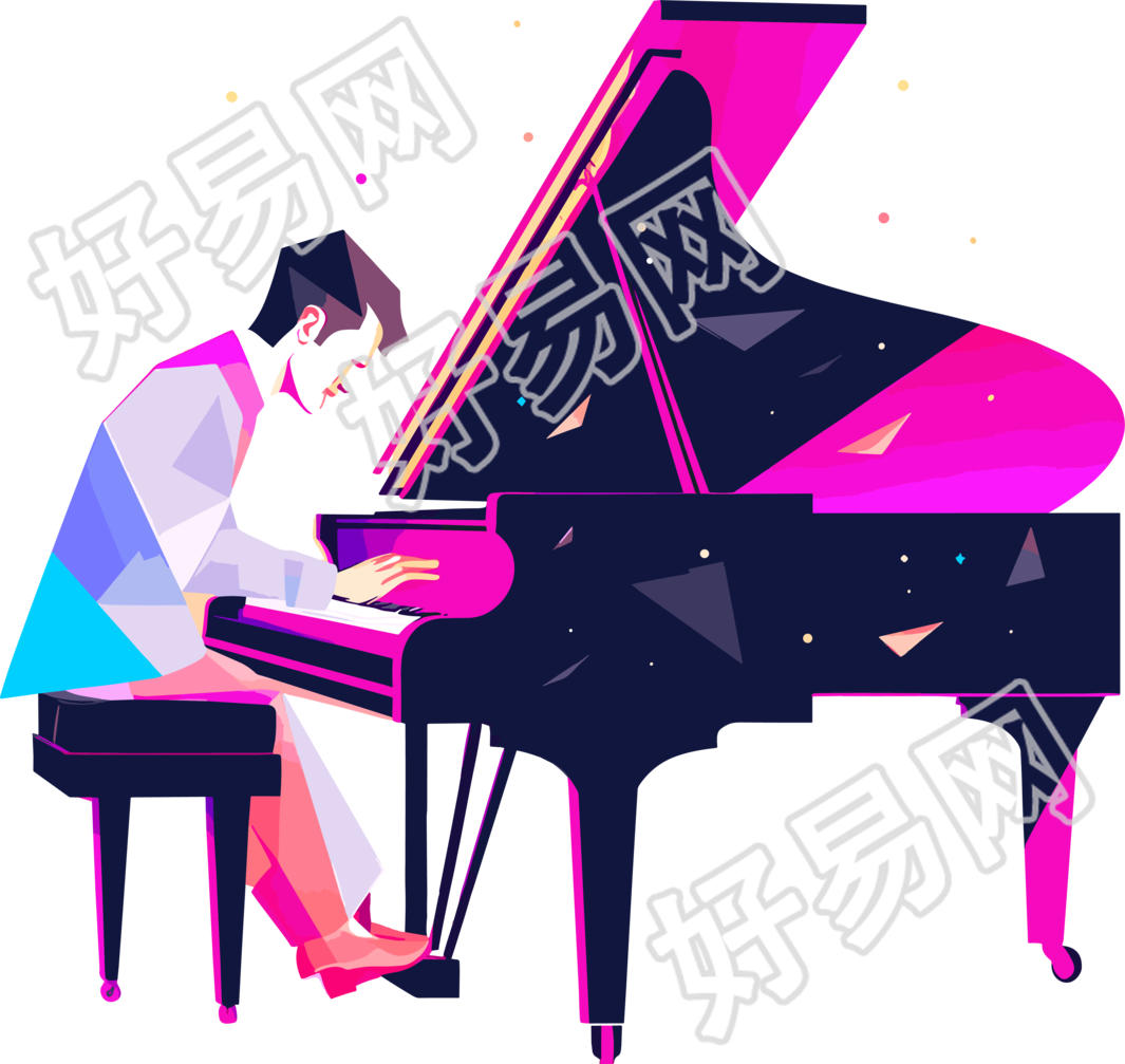 弹钢琴的男孩色彩丰富的插图设计