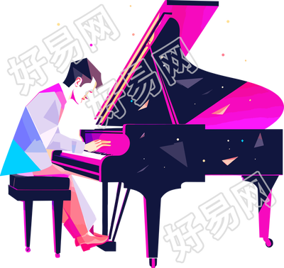 弹钢琴的男孩色彩丰富的插图设计