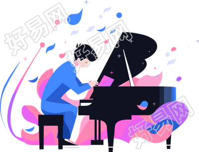 弹钢琴的男孩彩色插图