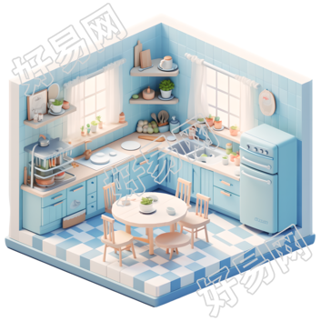 3D厨房室内微景观插画