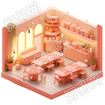 3D餐厅可爱卡通插画