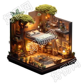 3D复式内景透明背景创意元素