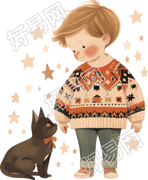 男孩和猫星星插画