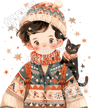 男孩和猫高清PNG插画设计