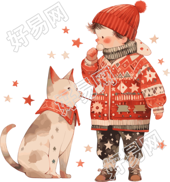 冬季小镇上的男孩和猫插画
