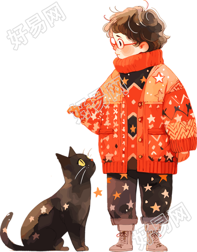 星星毛衣男孩和猫素材