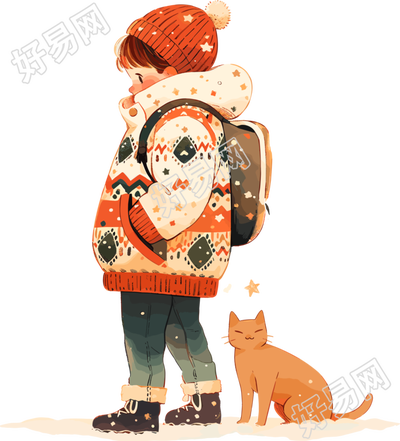 冬日男孩和猫奇妙插图