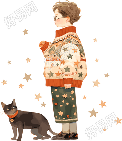 男孩和猫可商用PNG素材