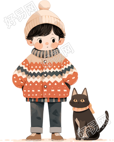 男孩和猫冬天小镇插图