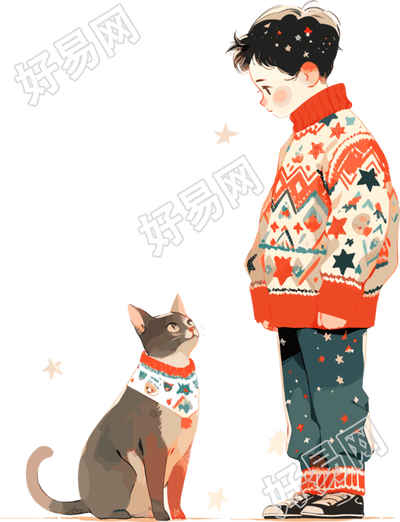 男孩和猫服装插画