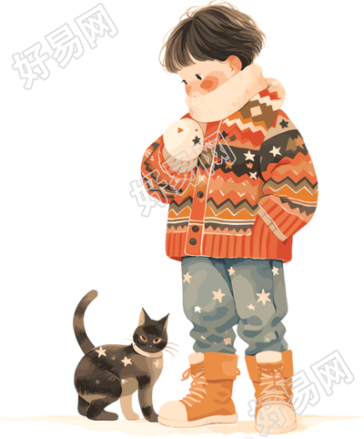 男孩和猫冬日装扮插画
