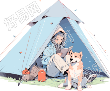 女孩狗狗露营彩色插画设计素材