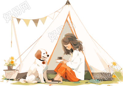 女孩狗狗露营PNG插图