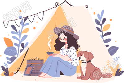 女孩狗狗露营PNG高清透明背景素材