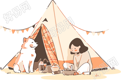 女孩狗狗露营彩色插画