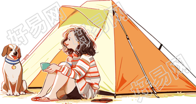 女孩狗狗露营商业可用插画