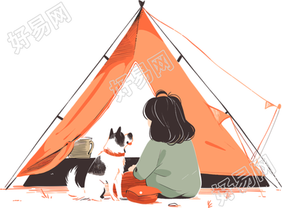 女孩狗狗露营简约彩色插画