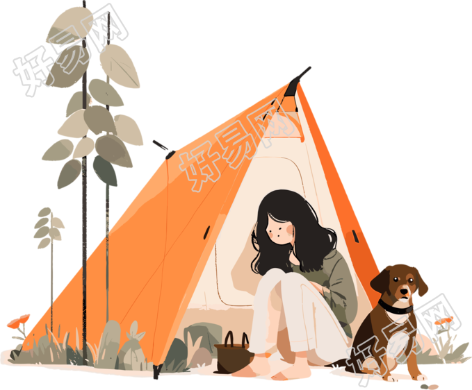 女孩狗狗露营插图