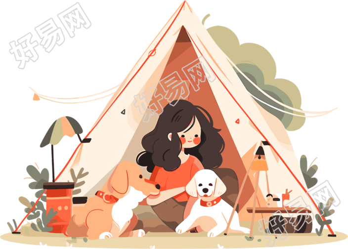 女孩狗狗露营创意设计插图