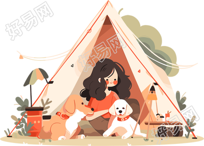 女孩狗狗露营创意设计插图