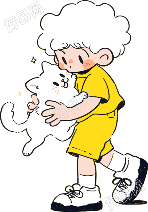 卡通小男孩和小白猫PNG素材