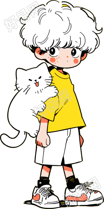 卡通小男孩抱着白色小猫素材