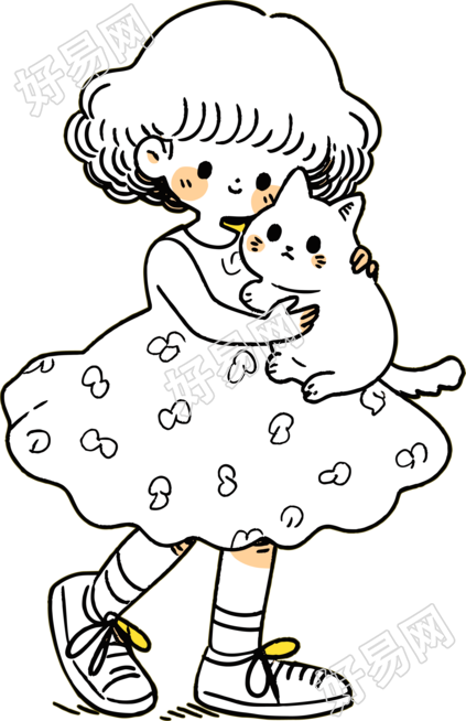 卡通小女孩和白色小猫插画