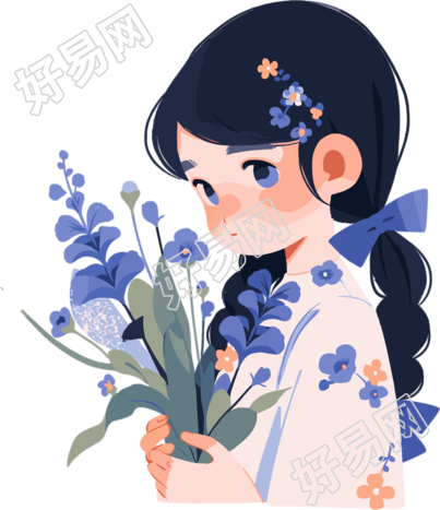 拿着花的小女孩儿童插图素材