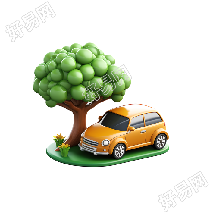 3D环保汽车和附近的树插画