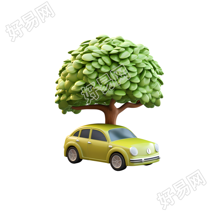 3D环保汽车绿色大树商用插画