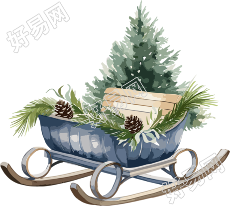 圣诞雪橇水彩插画透明背景素材