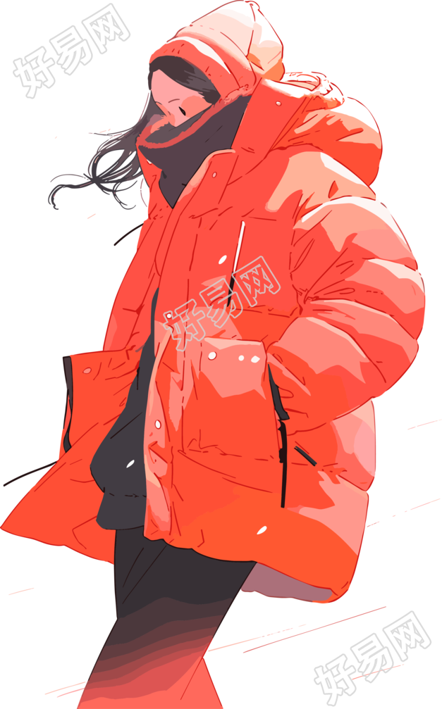 冬季羽绒服女孩红色系插画