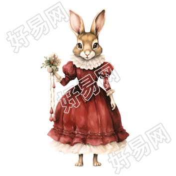 复古风兔子手拿圣诞花束素材