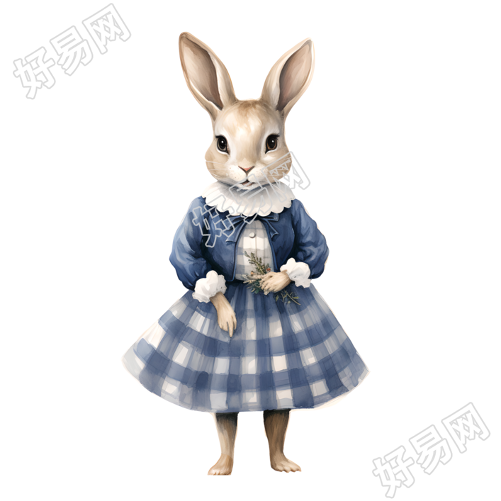 复古风兔子蓝格连衣裙插画
