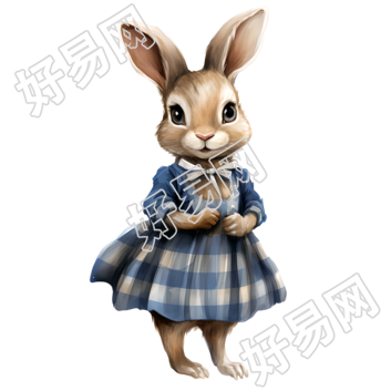 复古风兔子蓝色格纹连衣裙插画